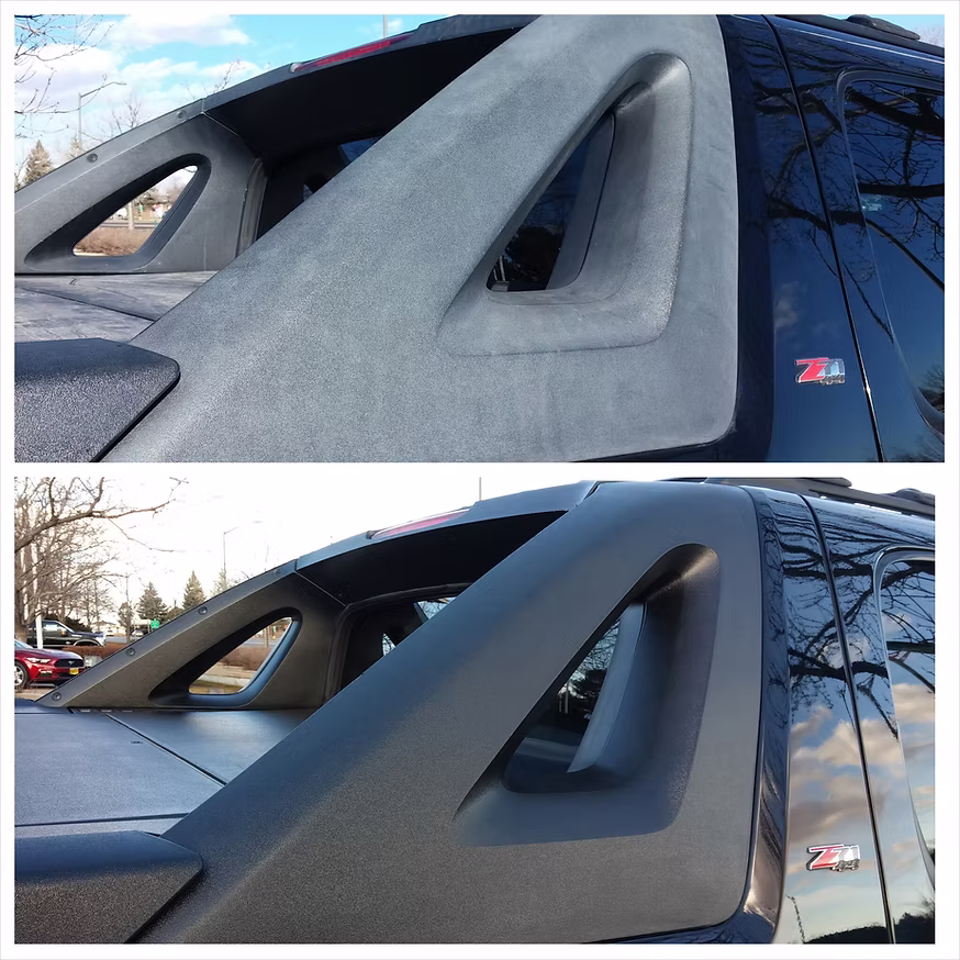 Black exterior trim restored to deep black factory finish