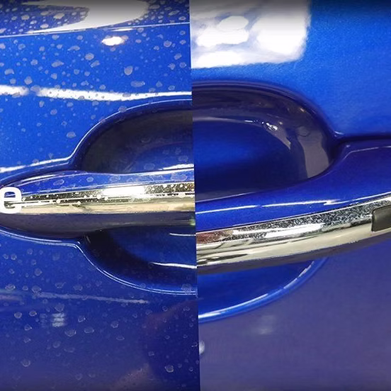 Hard water spots being removed from blue car door